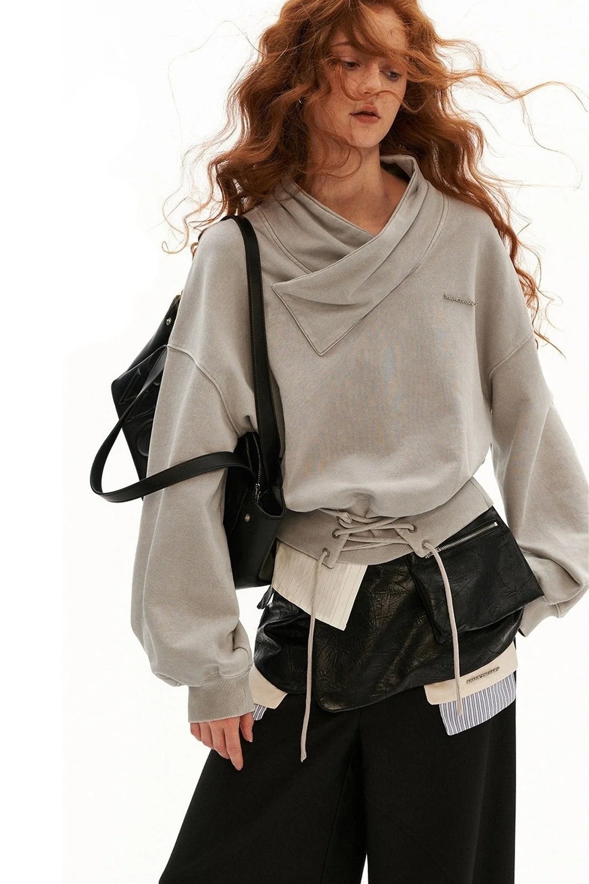 Cotton Cross-Neck Tie-Waist Pullover Sweatshirt