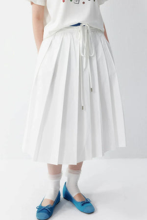 Cotton Elastic Waist Pleated Midi Skirt