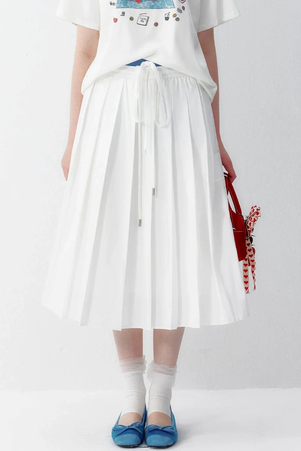 Cotton Elastic Waist Pleated Midi Skirt