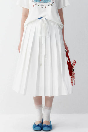 Cotton Elastic Waist Pleated Midi Skirt