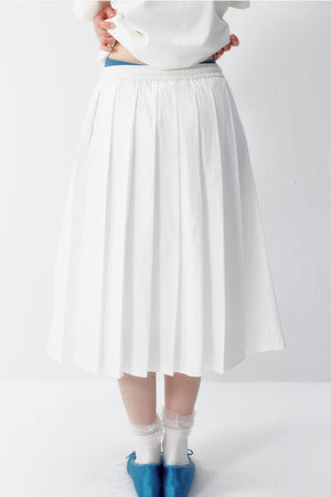 Cotton Elastic Waist Pleated Midi Skirt