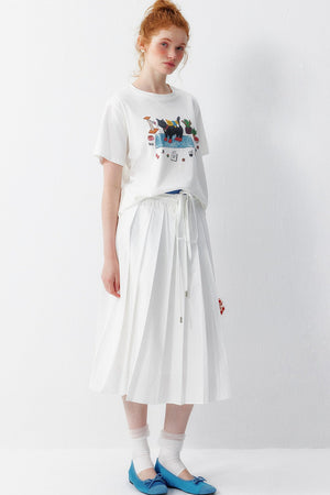 Cotton Elastic Waist Pleated Midi Skirt