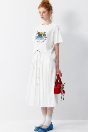 Cotton Elastic Waist Pleated Midi Skirt