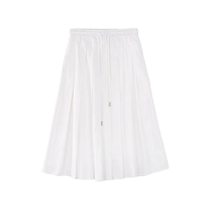 Cotton Elastic Waist Pleated Midi Skirt