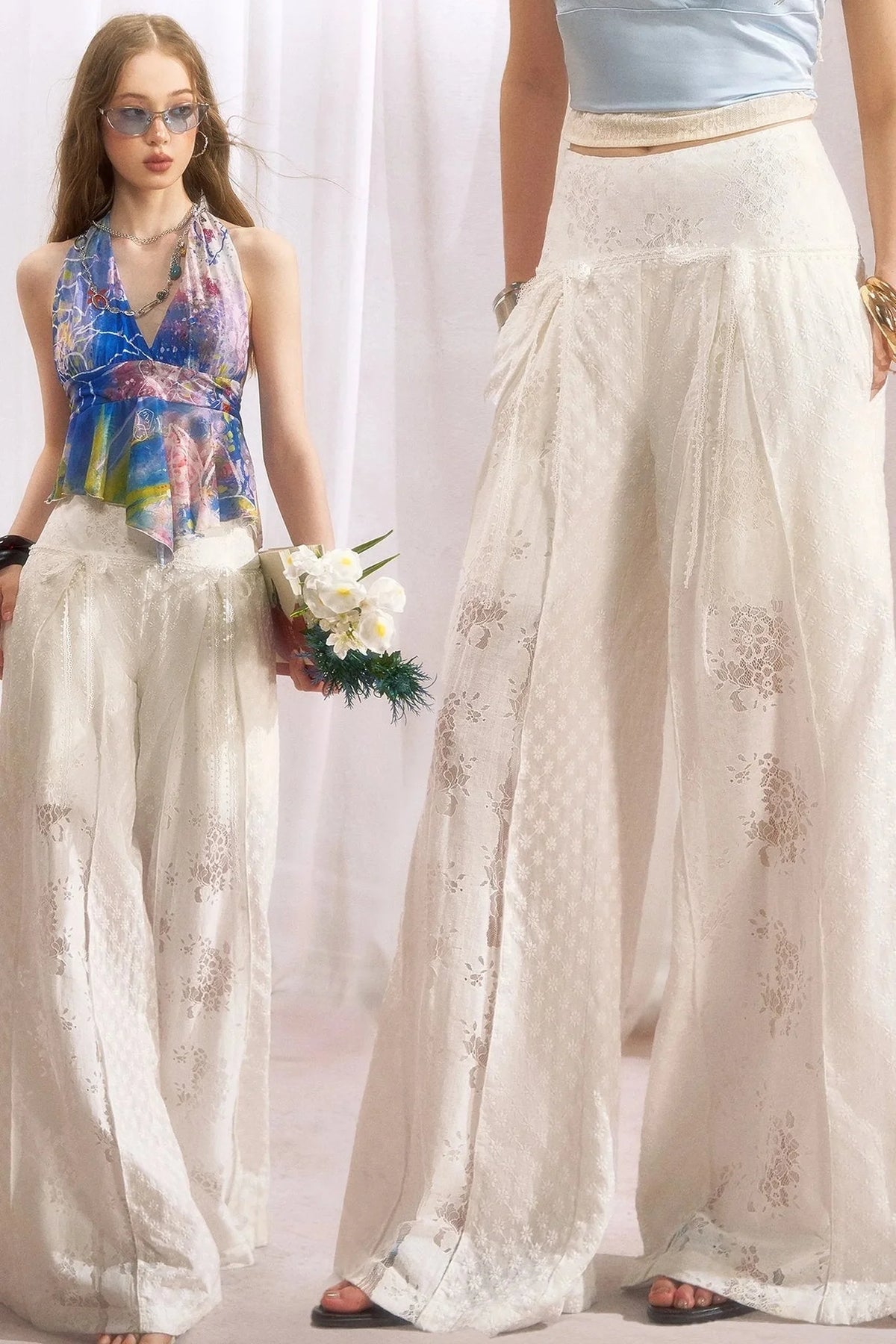 Cotton Floral Lace Wide Leg Pants