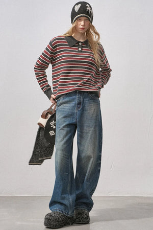 Cotton Wool Striped Polo Sweater