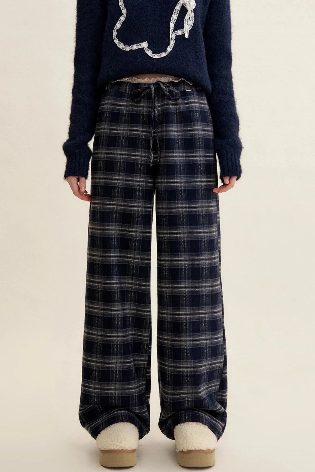 Cozy Plaid Fleece Wide-Leg Pants