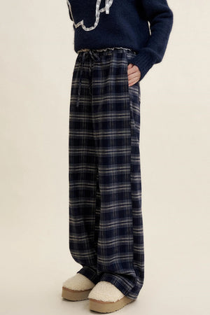 Cozy Plaid Fleece Wide-Leg Pants