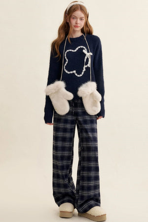 Cozy Plaid Fleece Wide-Leg Pants
