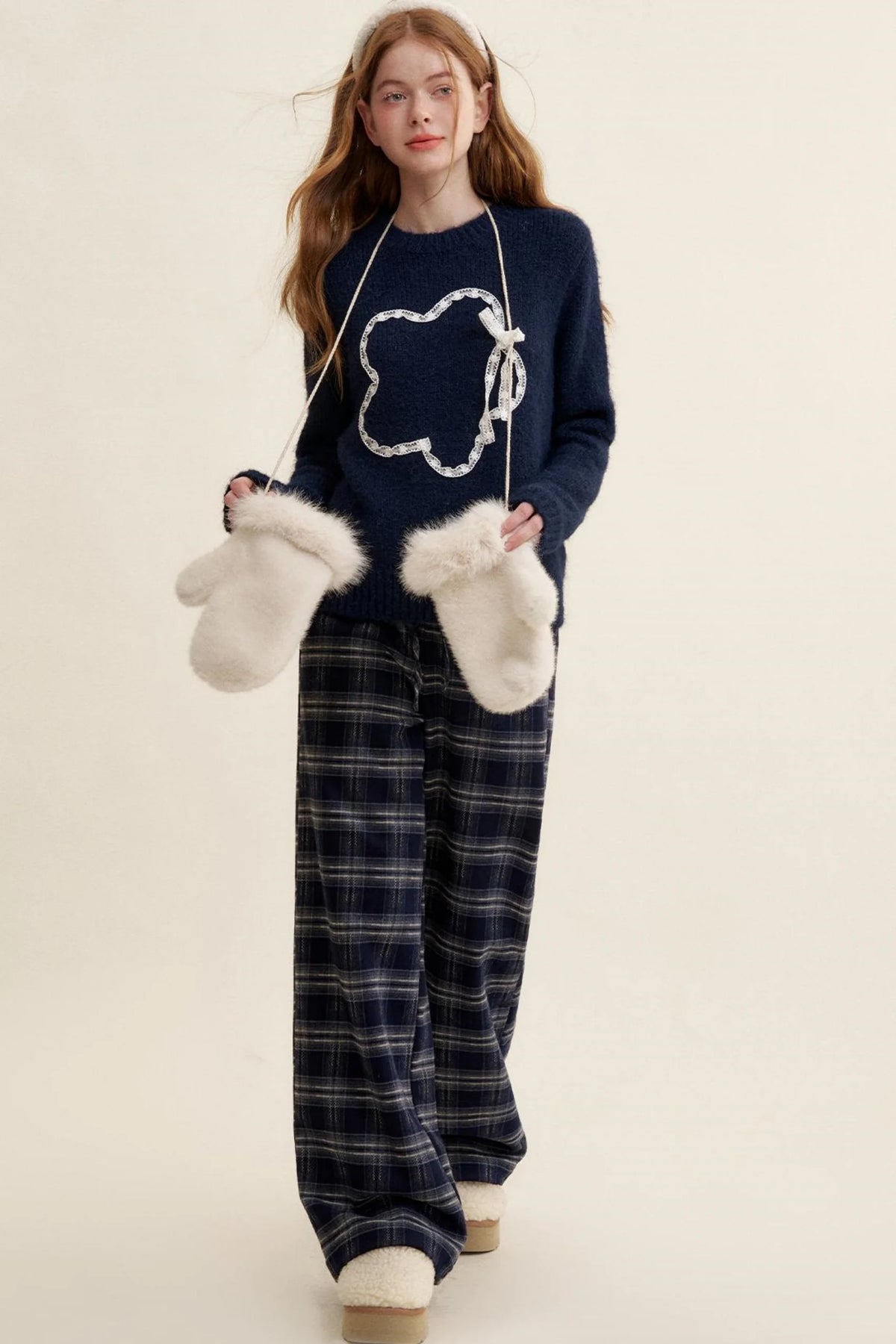 Cozy Plaid Fleece Wide-Leg Pants