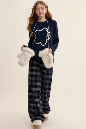 Cozy Plaid Fleece Wide-Leg Pants