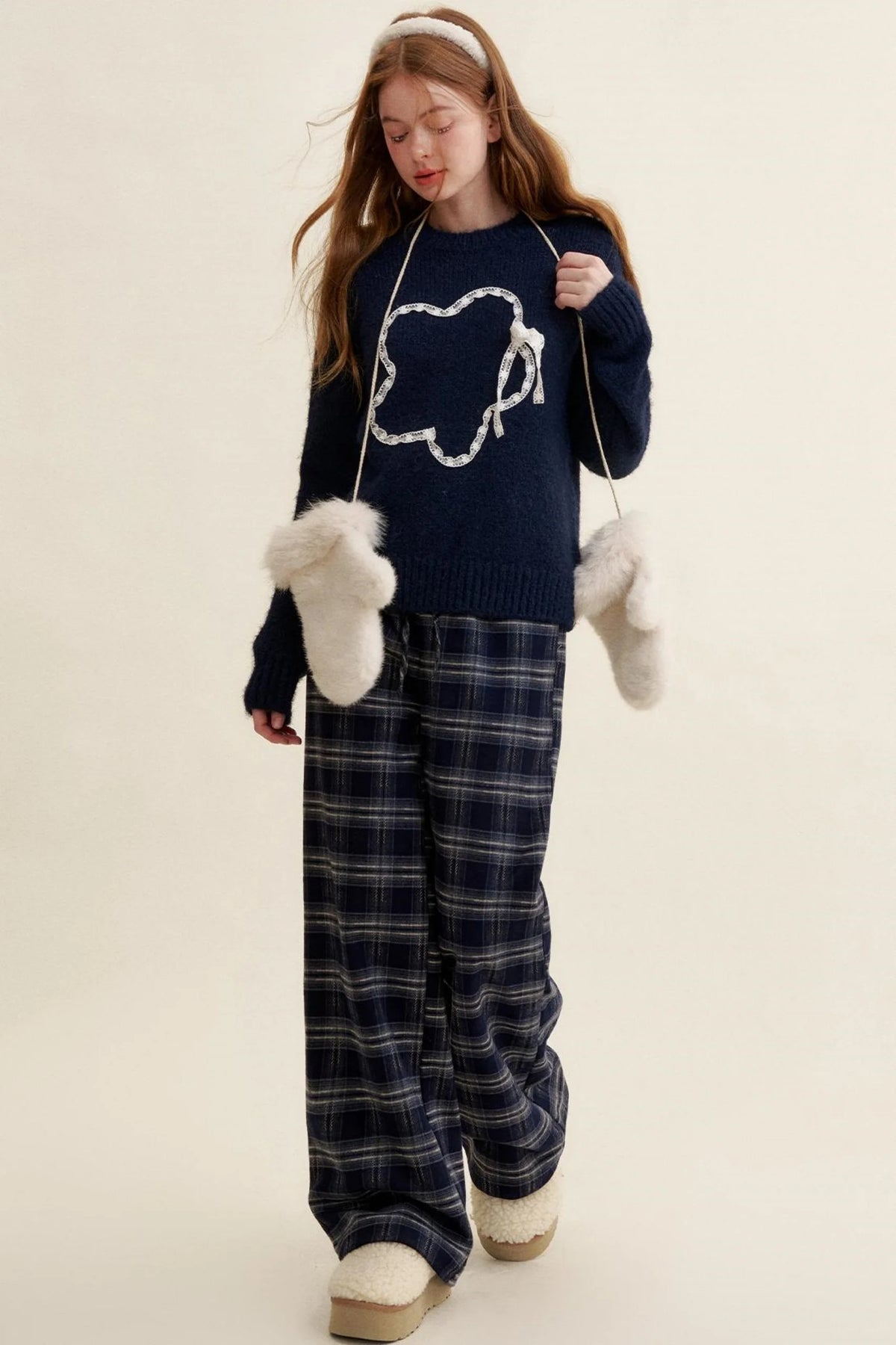Cozy Plaid Fleece Wide-Leg Pants