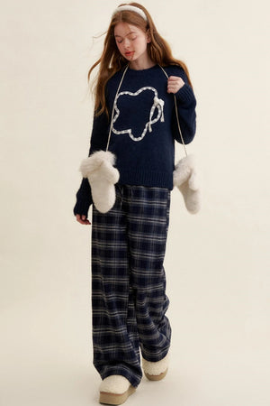 Cozy Plaid Fleece Wide-Leg Pants