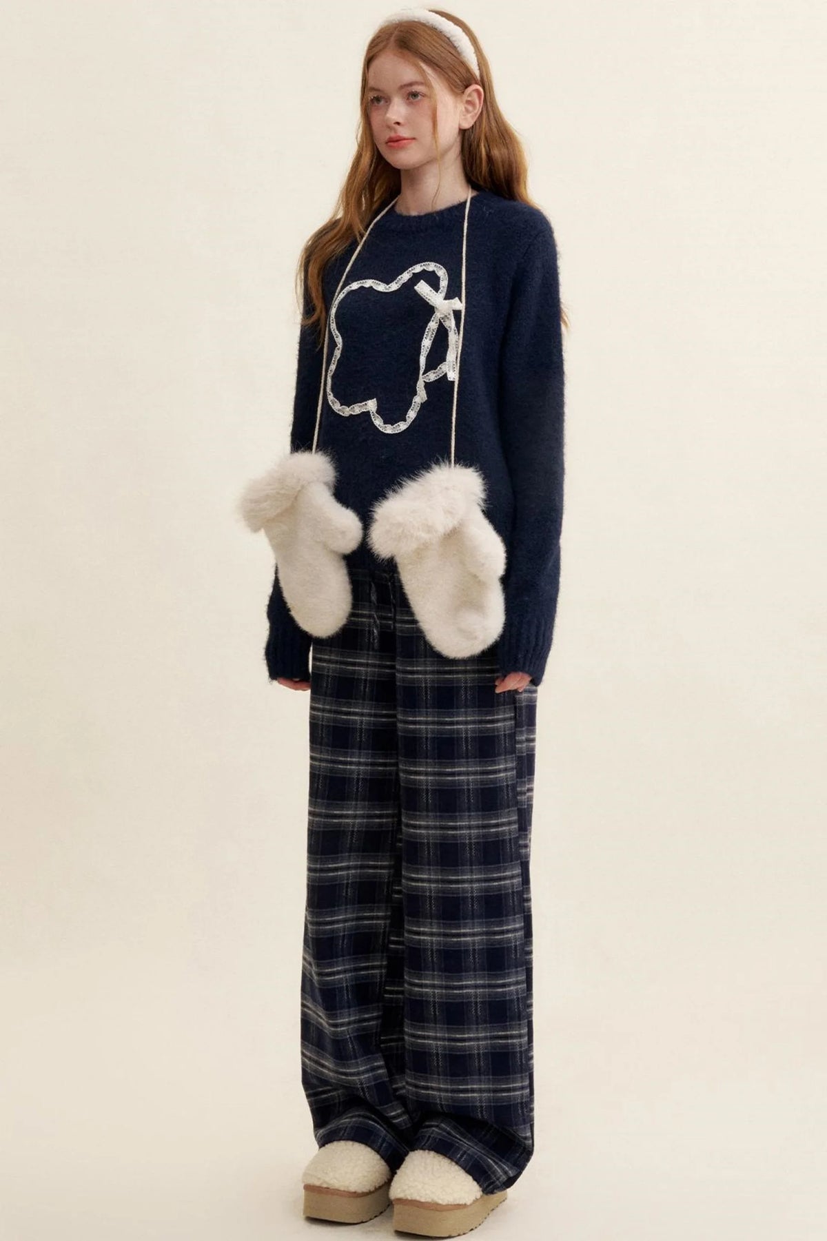 Cozy Plaid Fleece Wide-Leg Pants