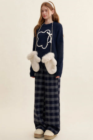 Cozy Plaid Fleece Wide-Leg Pants