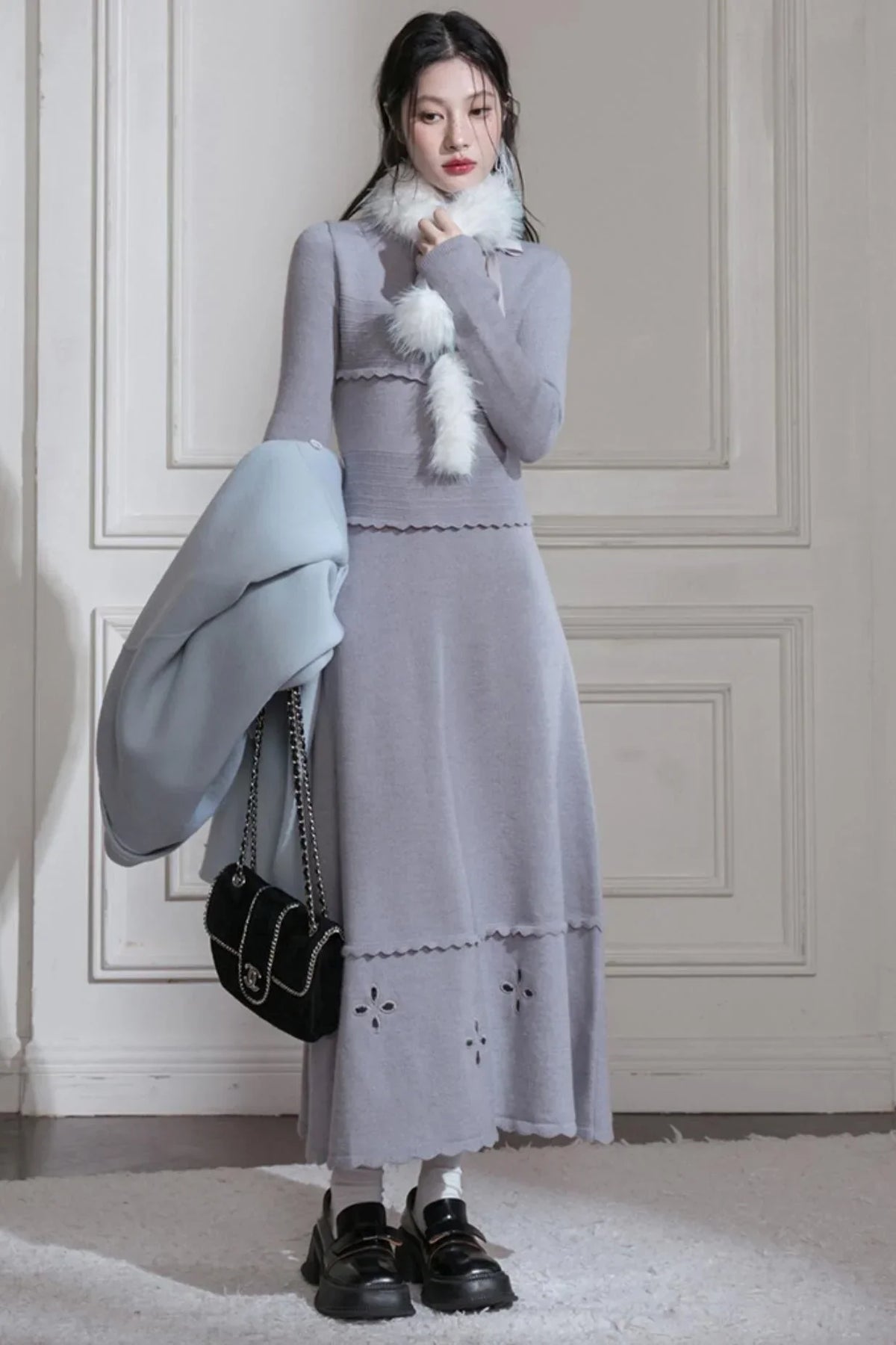 Cream Gray Lace Wool Dress