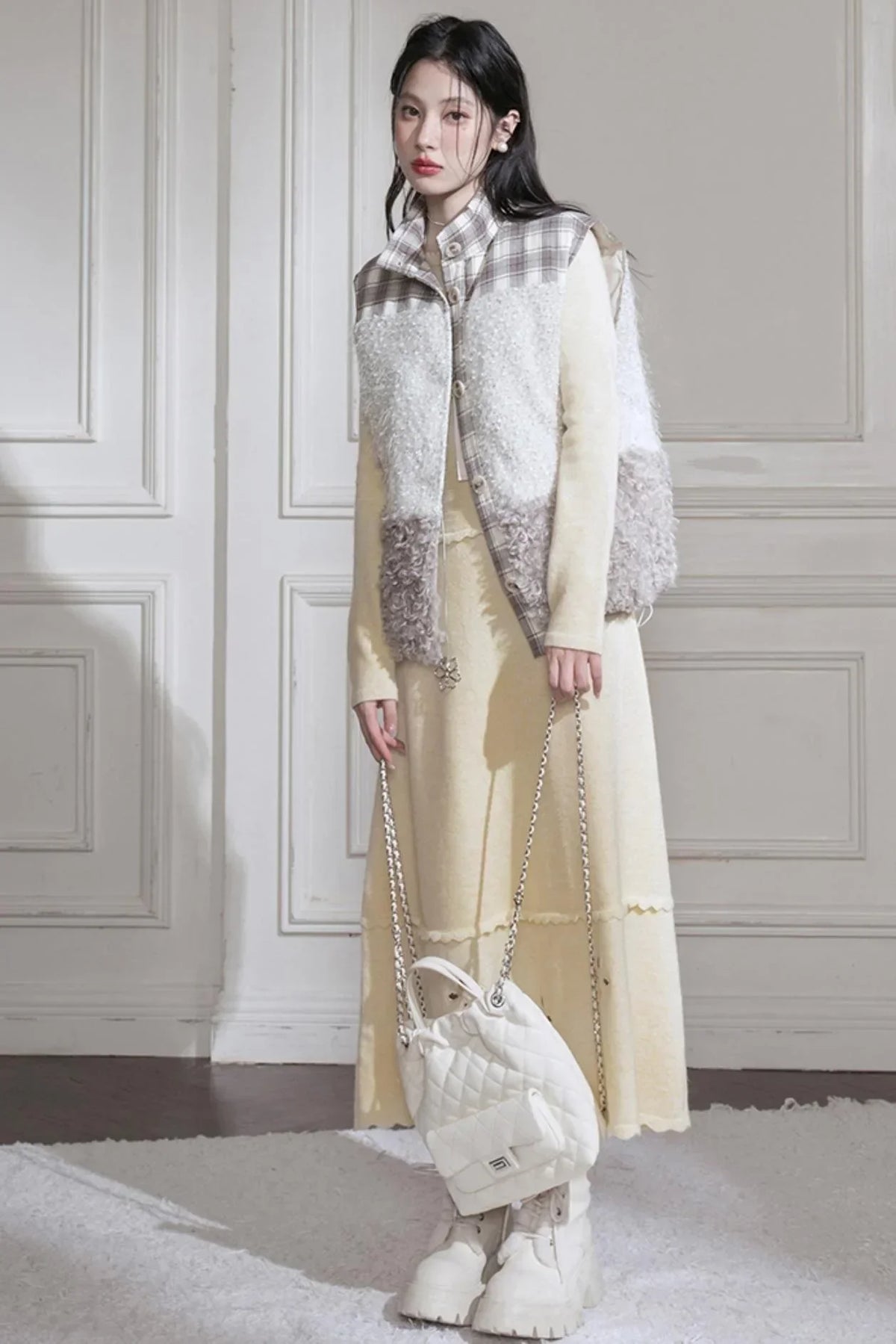 Cream Gray Lace Wool Dress