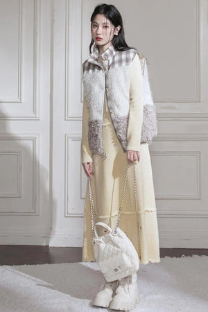 Cream Gray Lace Wool Dress
