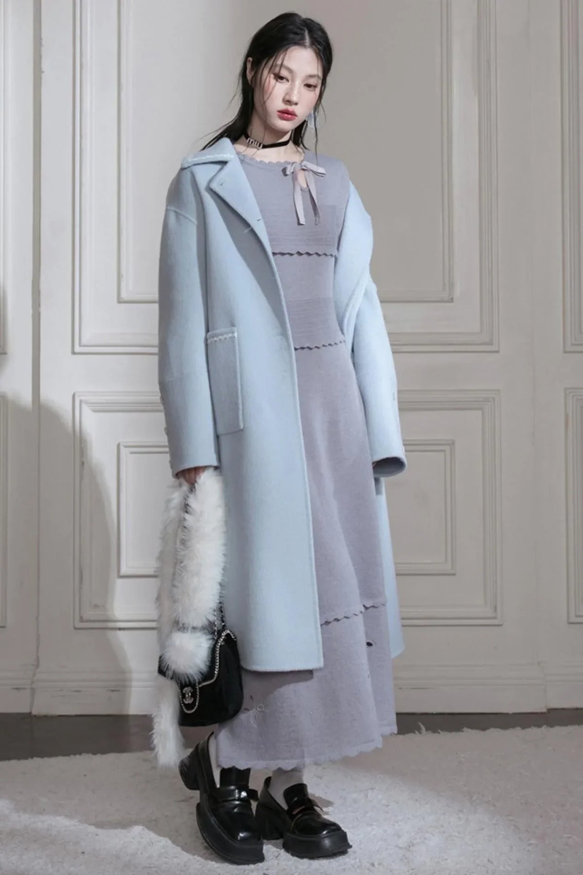 Cream Gray Lace Wool Dress