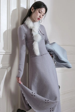 Cream Gray Lace Wool Dress