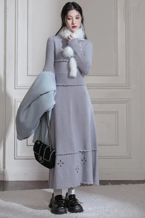 Cream Gray Lace Wool Dress