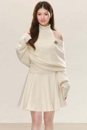 Cream Sleeveless Turtleneck Dress with Off-Shoulder Sweater Set-Up