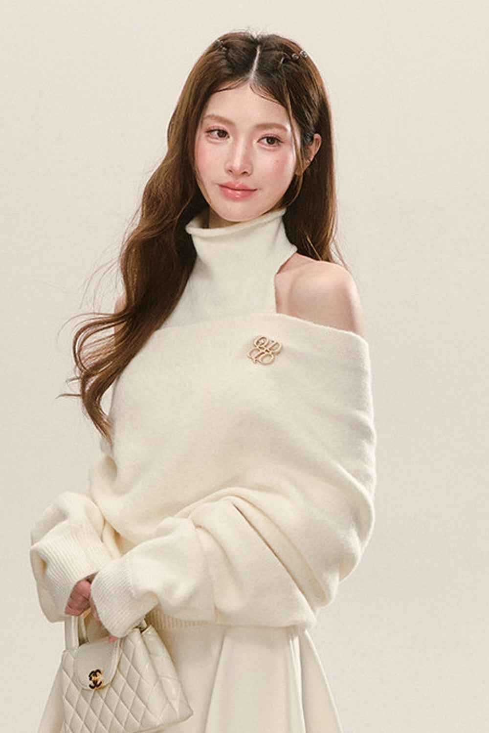 Cream Sleeveless Turtleneck Dress with Off-Shoulder Sweater Set-Up