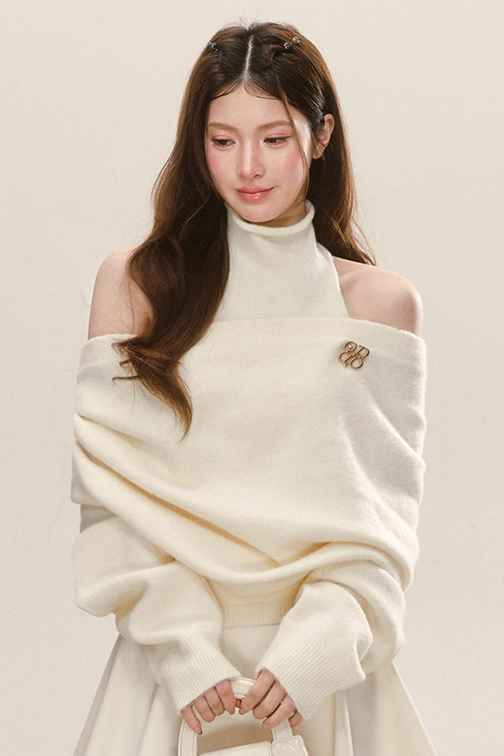 Cream Sleeveless Turtleneck Dress with Off-Shoulder Sweater Set-Up