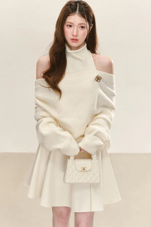 Cream Sleeveless Turtleneck Dress with Off-Shoulder Sweater Set-Up