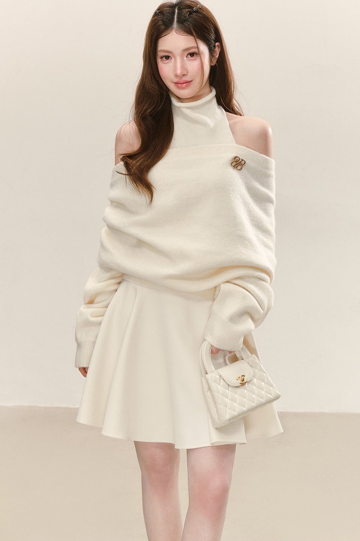 Cream Sleeveless Turtleneck Dress with Off-Shoulder Sweater Set-Up