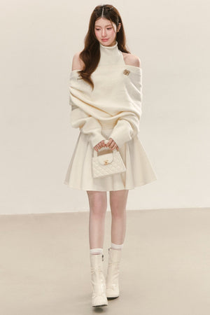 Cream Sleeveless Turtleneck Dress with Off-Shoulder Sweater Set-Up