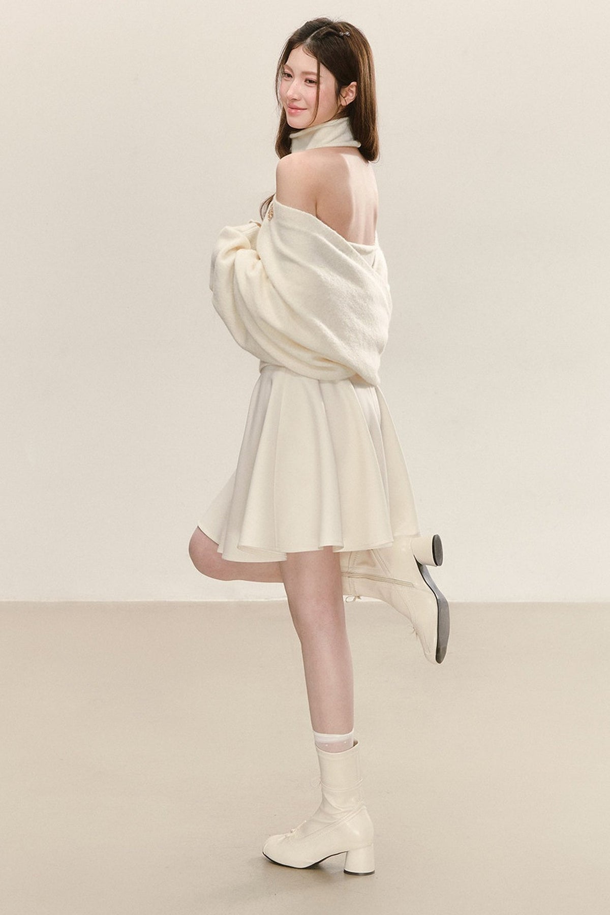 Cream Sleeveless Turtleneck Dress with Off-Shoulder Sweater Set-Up