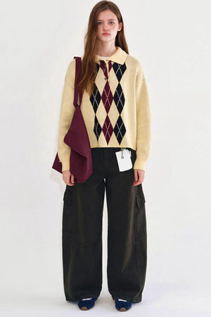 Cream Yellow Argyle Knit Sweater