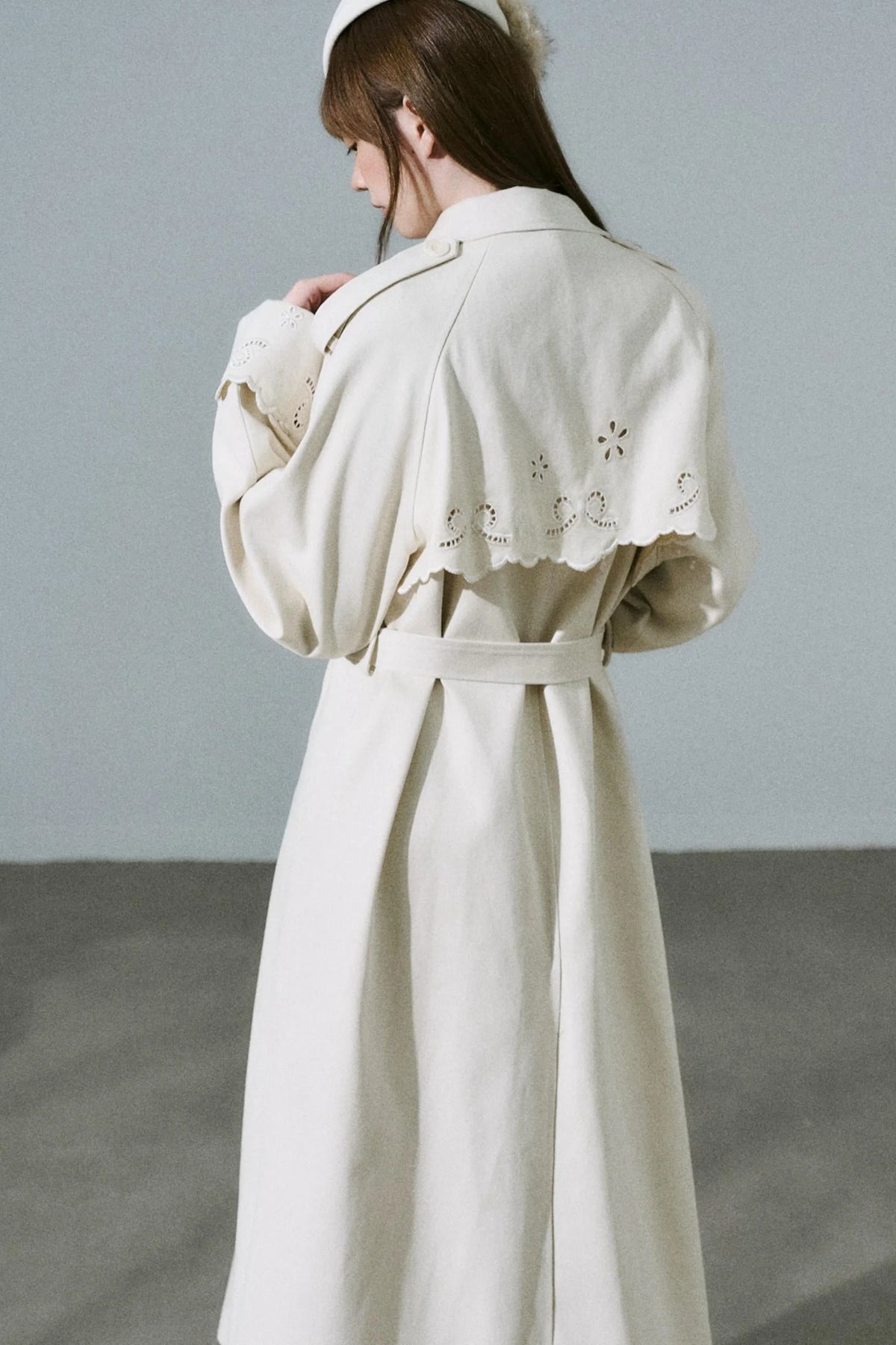 Creamy Hollow Flower Trench Coat