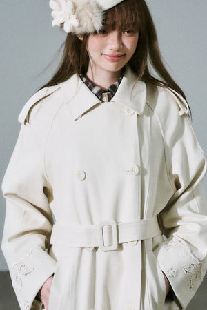 Creamy Hollow Flower Trench Coat