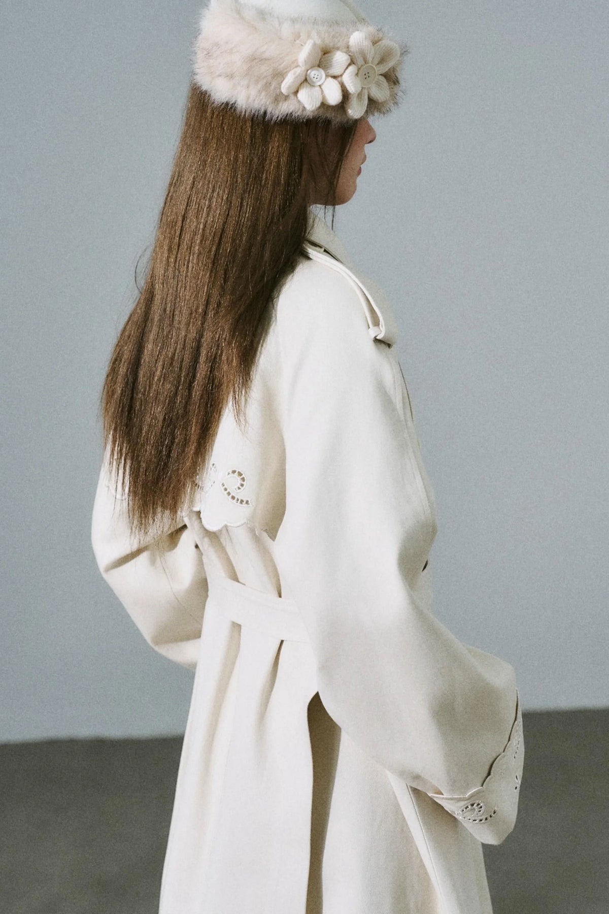 Creamy Hollow Flower Trench Coat