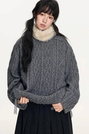 Crew Neck Crochet Cable Knit Sweater