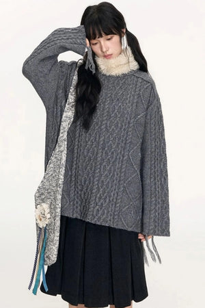 Crew Neck Crochet Cable Knit Sweater