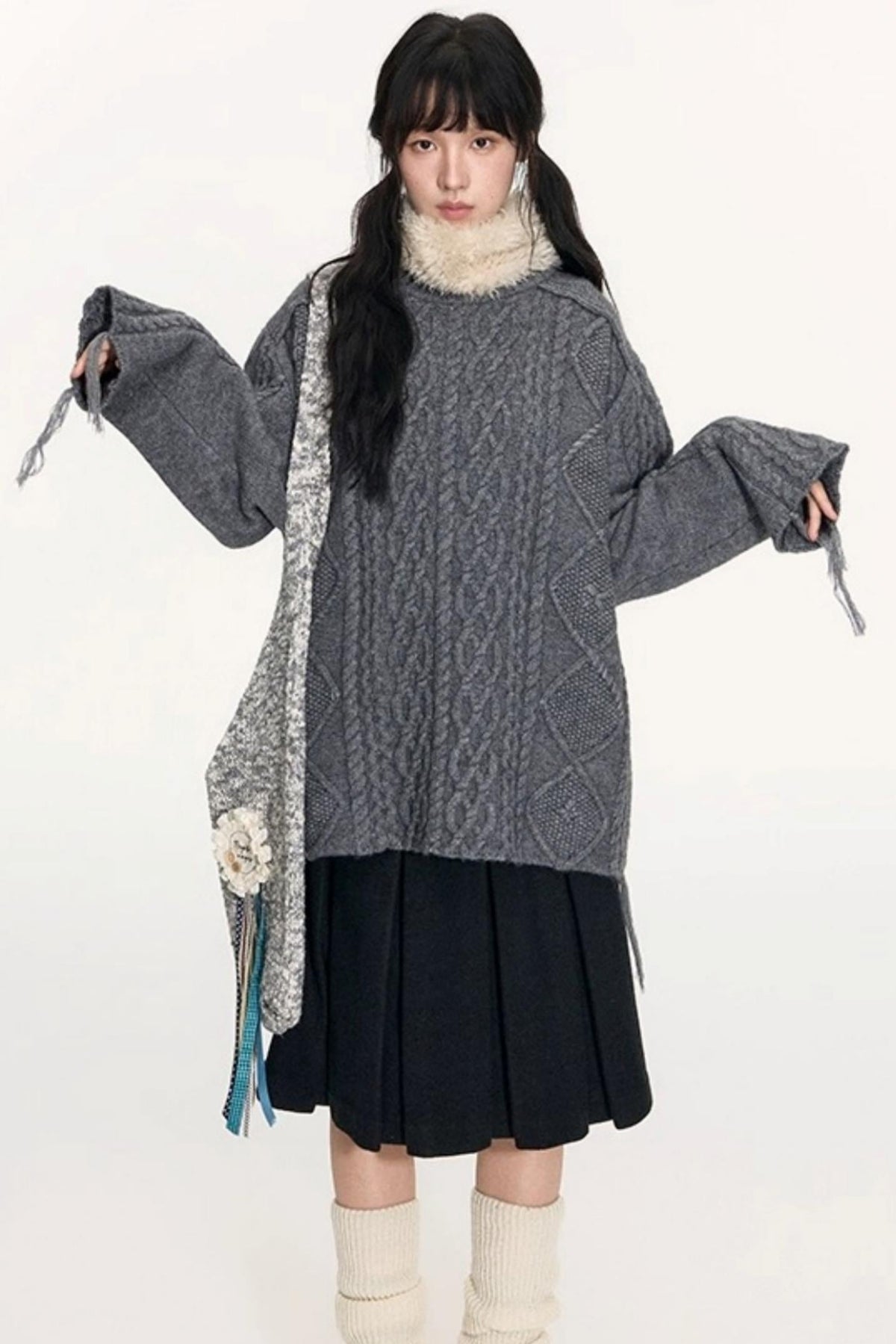 Crew Neck Crochet Cable Knit Sweater