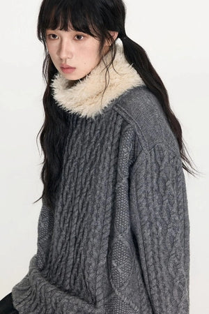 Crew Neck Crochet Cable Knit Sweater