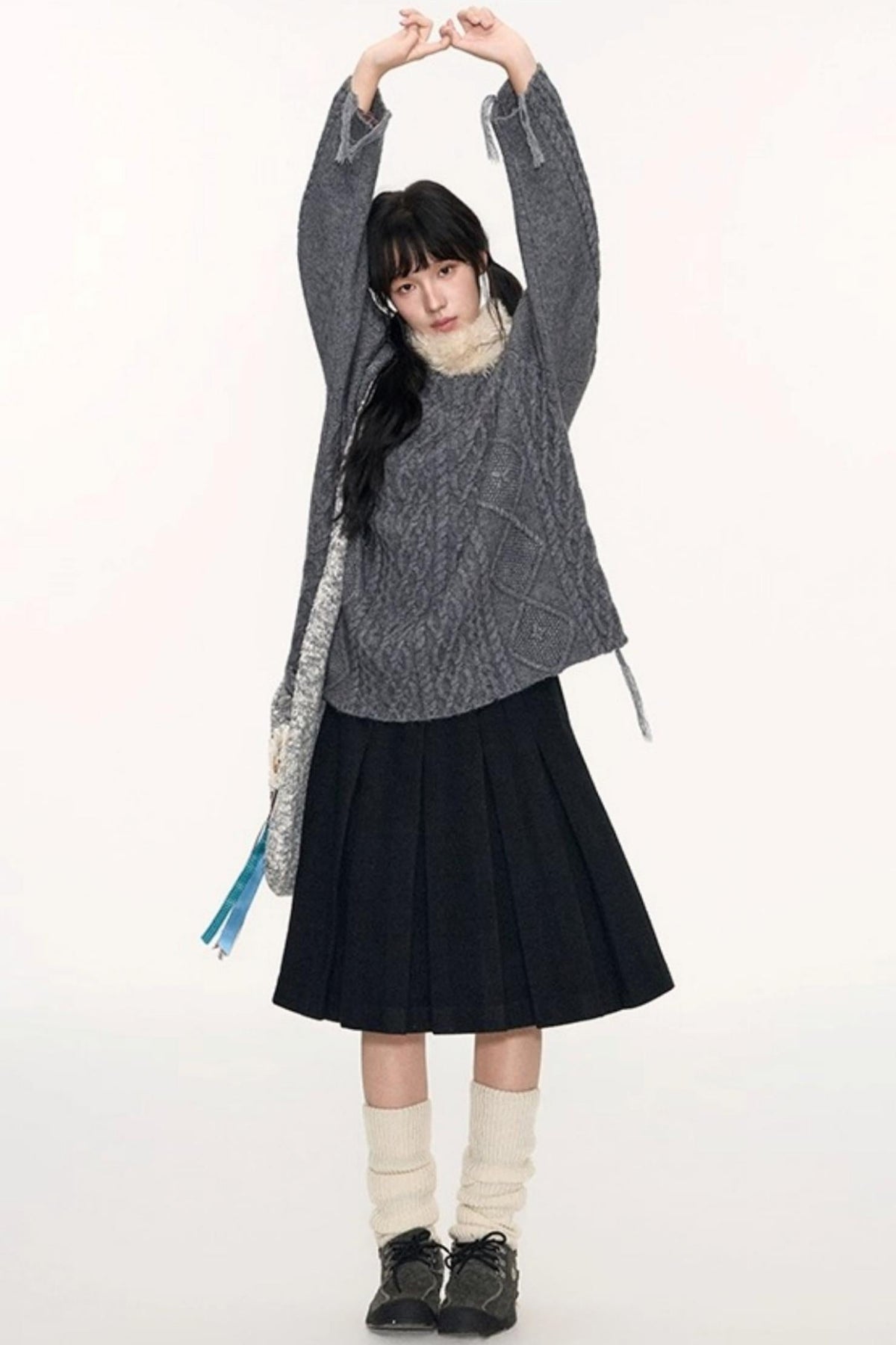 Crew Neck Crochet Cable Knit Sweater