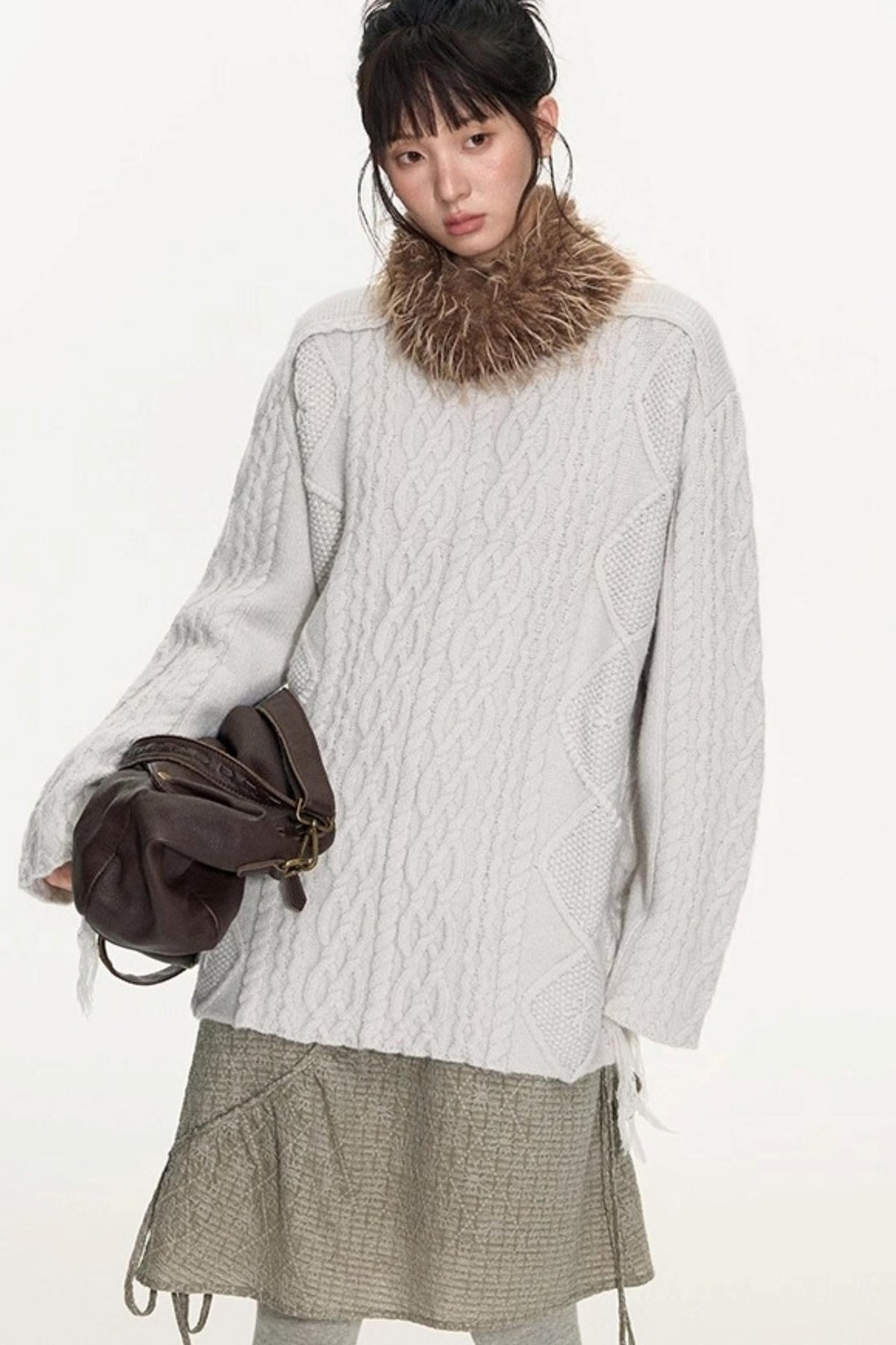 Crew Neck Crochet Cable Knit Sweater