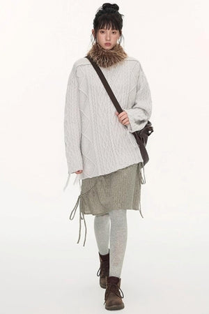 Crew Neck Crochet Cable Knit Sweater