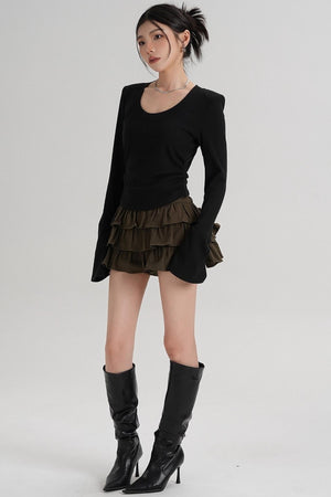 Crew Neck Waist Slimming Long-Sleeved T-Shirt
