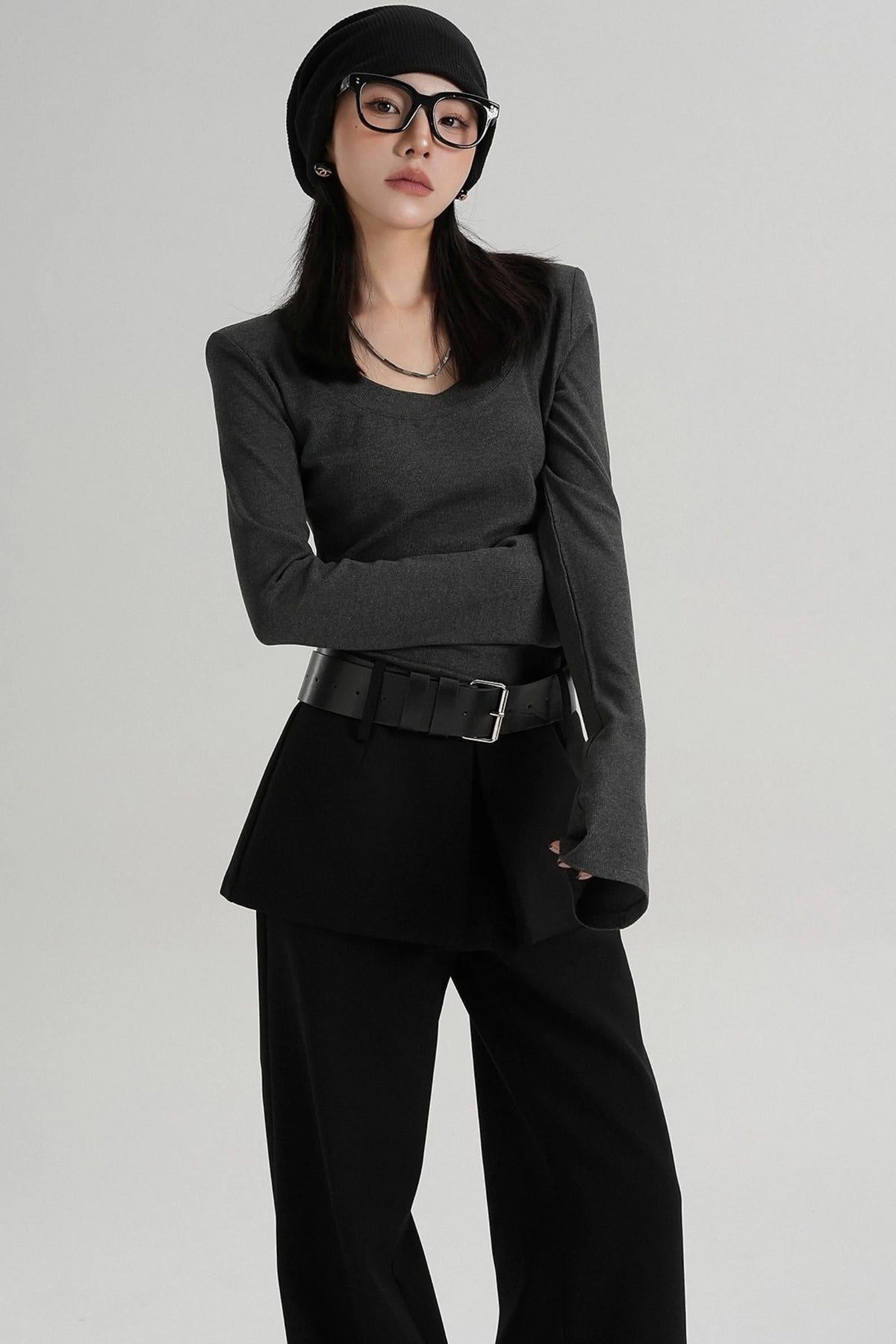 Crew Neck Waist Slimming Long-Sleeved T-Shirt