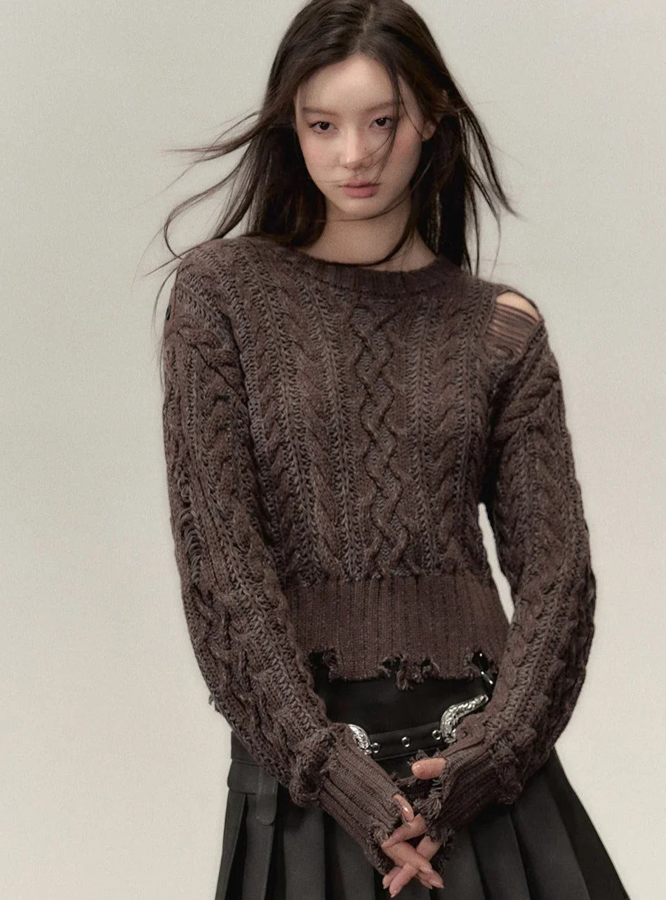 Crewneck ragged  languid knit pullover Top