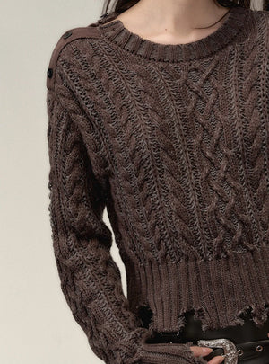 Crewneck ragged  languid knit pullover Top