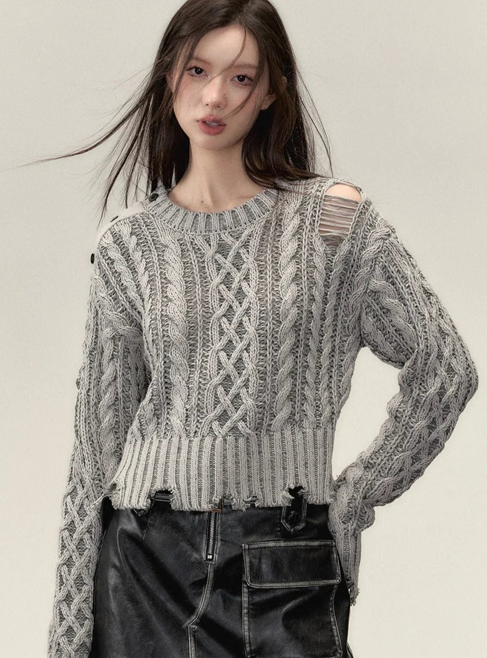 Crewneck ragged  languid knit pullover Top