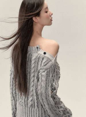 Crewneck ragged  languid knit pullover Top