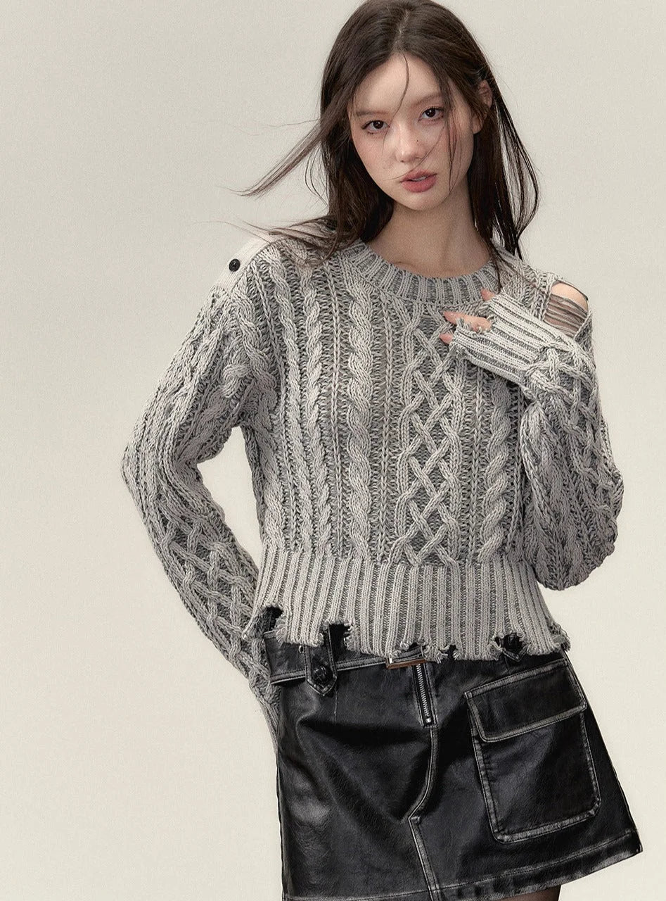 Crewneck ragged  languid knit pullover Top